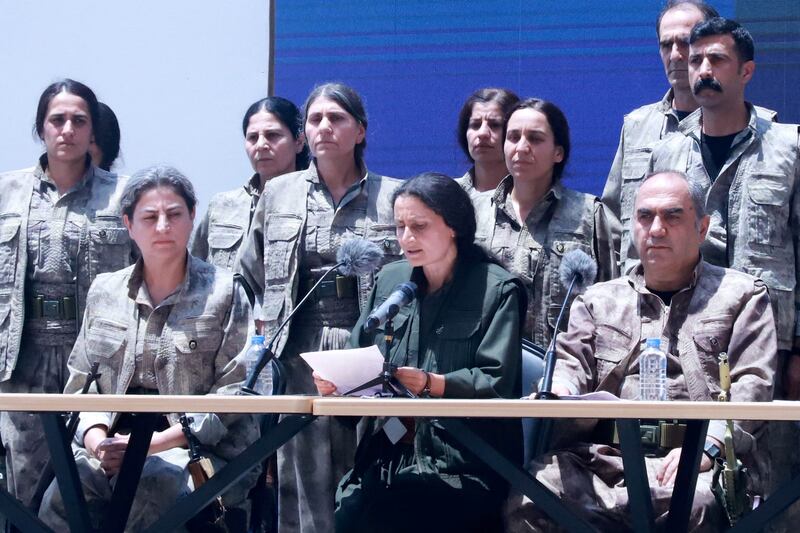 Bese Hozat, co-chair of the PKK's executive committee, delivers a speech during a ceremony in Sulaimaniyah. Photograph: Shawn Mohammed/AFP/Getty 