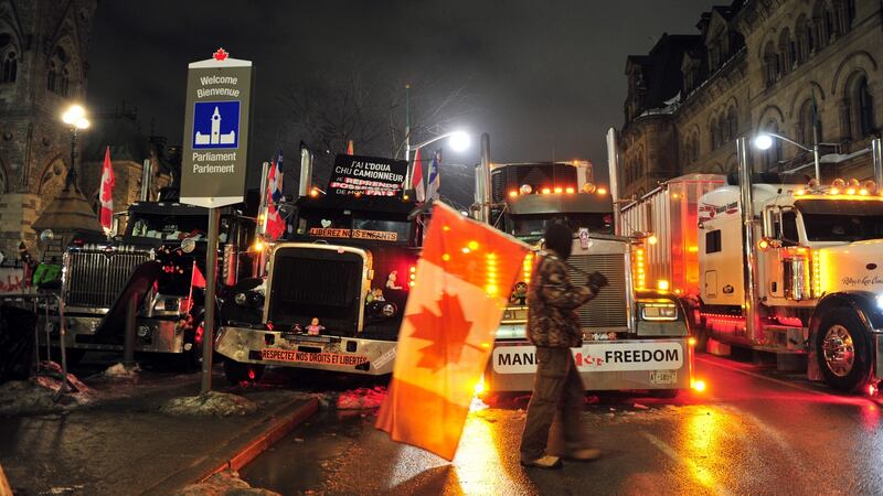 Truckers protesting in Ottawa this week against coronavirus restrictions. Photograph: Kadri Mohamed/EPA