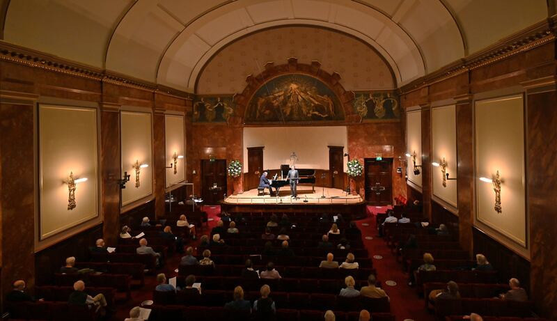 Wigmore Hall: a socially distanced concert in 2020; the venue broadcast performances from the empty hall during lockdown. Photograph: Justin Tallis/AFP via Getty