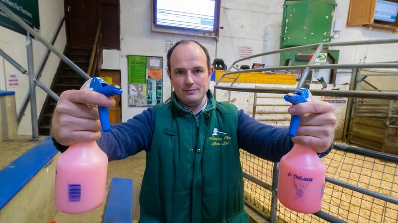 New Ross  mart manager Richard Kirwan with disinfectant sprays. ‘Mart staff are sanitising everything they come across.’ Photograph: Patrick Browne