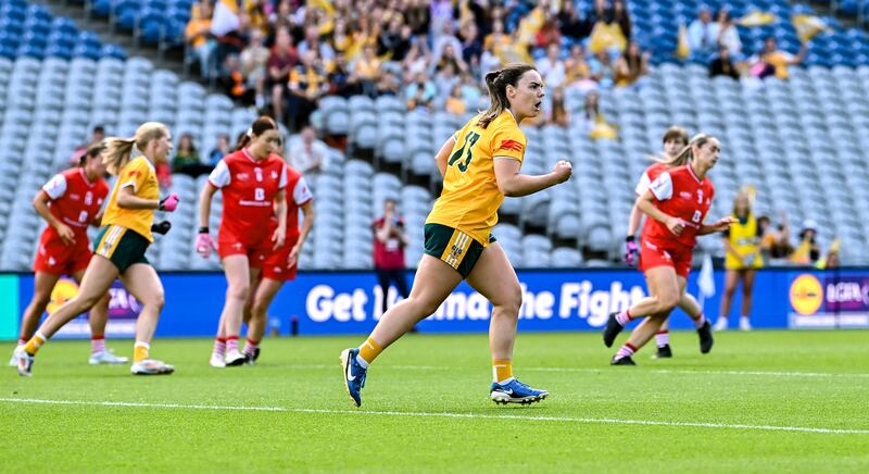 Bronagh Devlin celebrates scoring a goal for Antrim from a penalty. Photograph: Piaras Ó Mídheach/Sportsfile