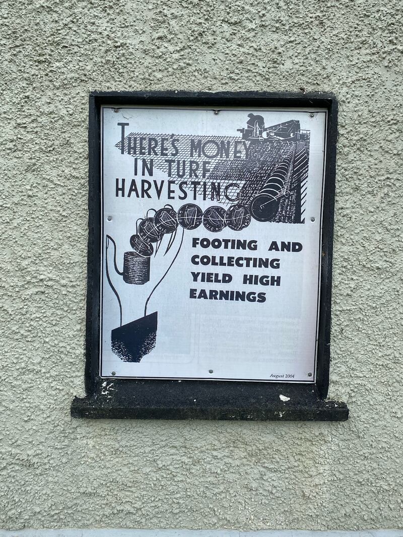 Poster at The Abbey at Cloontuskert, Co Roscommon evoking the heritage of industrial bog cutting. Photograph: Deirdre Falvey
