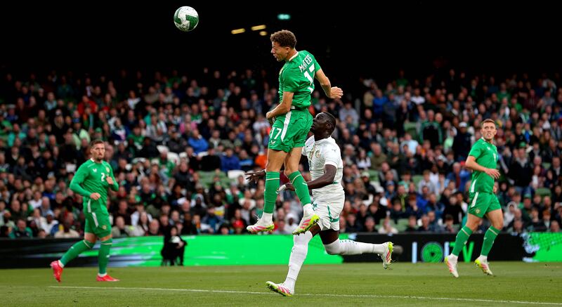 Ireland’s Kasey McAteer in action against Senegal last Friday. Photograph: Ryan Byrne/INpho