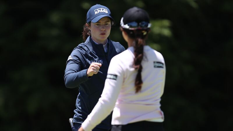 Leona Maguire is congratulated by Sei Young Kim after her opening round in California. Photograph: Jed Jacobsohn/Getty