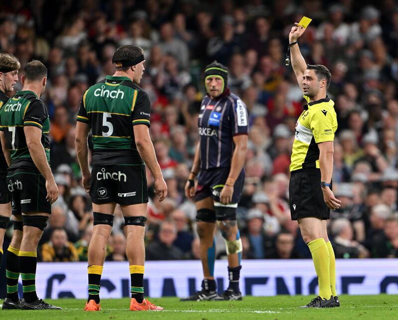 Nika Amashukeli shows a yellow card to Tommy Freeman of Northampton Saints (not pictured) during last Saturday's Champions Cup final in Cardiff. Photograph: Dan Mullan/Getty Images