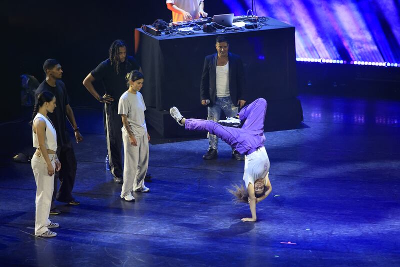 A breakdancer performs on stage during the Battle BD and Breakdance at the Paris 2024 Cultural Olympiad. Photograph: Julien M. Hekimian/Getty Images