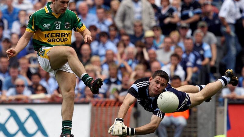 Dublin goalkeeper Stephen Cluxton saves a shot from Paul O’Connor of Kerry during the 2009 All-Ireland SFC quarter-final. Photograph:  Cathal Noonan/Inpho
