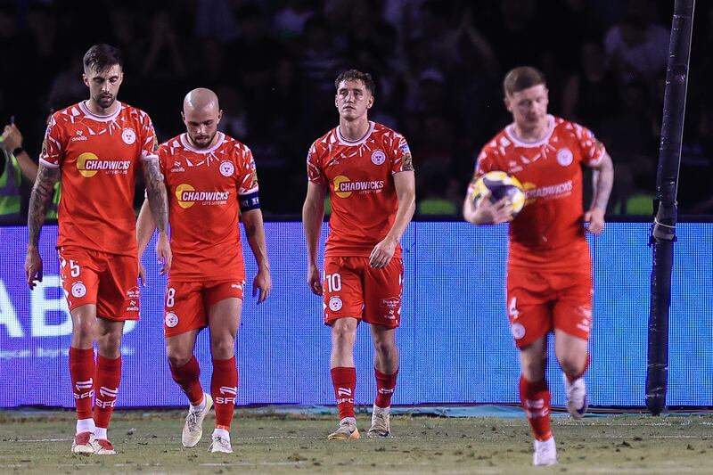Shelbourne players dejected after conceeding a goal against Qarabag. Photograph: Aleksandar Djorovic/Inpho