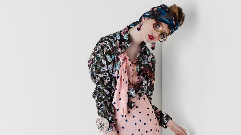 Dress, €68, Topshop,  Cork; shirt €100, Salingers, Cork, salingers.ie; silk scarf worn as headscarf €180, Ciara Silke, ciarasilke.com; earrings €19, Sandia Dublin, sandiadublin.com.