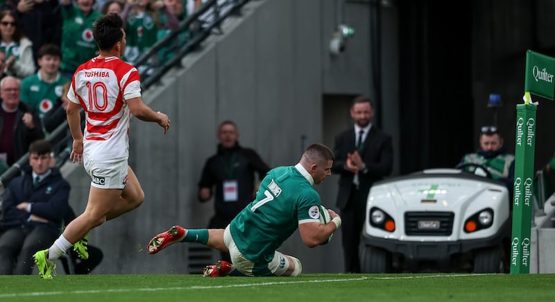 Nick Timoney scores a try for Ireland against Japan at the Aviva Stadium last Saturday. Photograph: Gary Carr/Inpho
