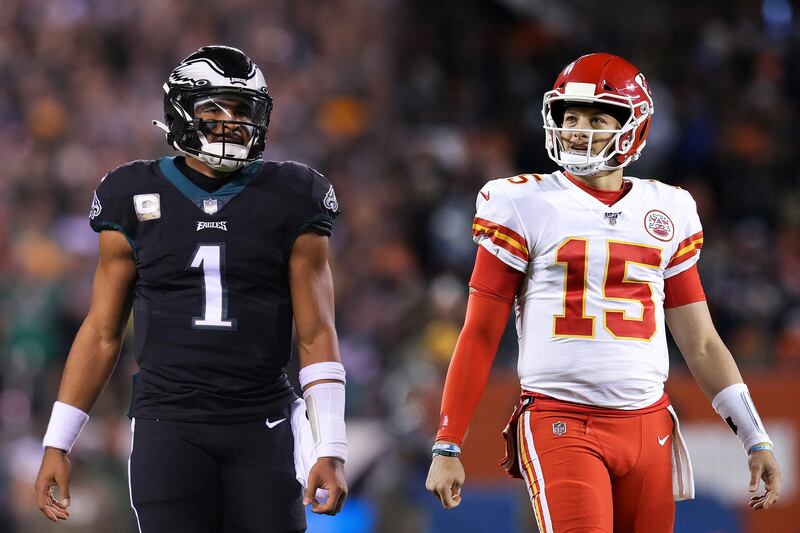 Jalen Hurts of the Philadelphia Eagles and Patrick Mahomes of the Kansas City Chiefs will meet in Super Bowl LVII on Sunday night. Photograph: Getty Images