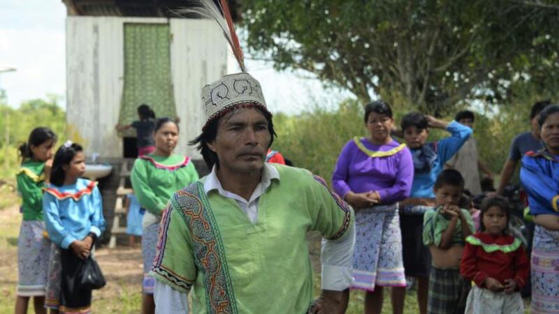 Members of Peru’s Shipibo community in their traditional dress. Photograph: Didem Tali