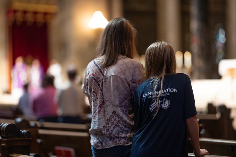 A prayer service at the Cathedral of St Paul was held following the shooting at Annunciation Catholic Church in Minneapolis. Photograph: Scott Olson/Getty 