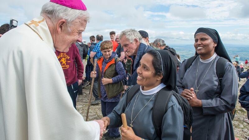 Archbishop Michael Neary greets Sr Mareena and Sr Jasmine based at  the Ursuline Convent, Portlaoise. Photograph: Michael McLaughlin