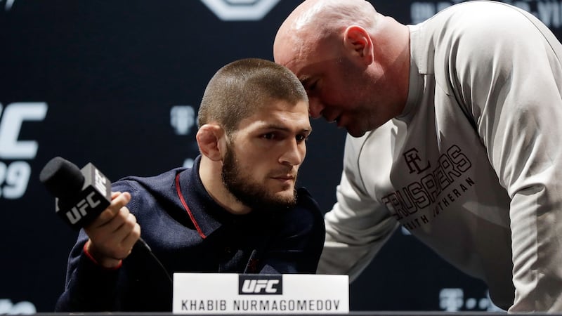 UFC president Dana White speaks with UFC lightweight champion Khabib Nurmagomedov during a press conference  for UFC 229 at Park Theater in Las Vegas. Photograph:  Isaac Brekken/Getty Images