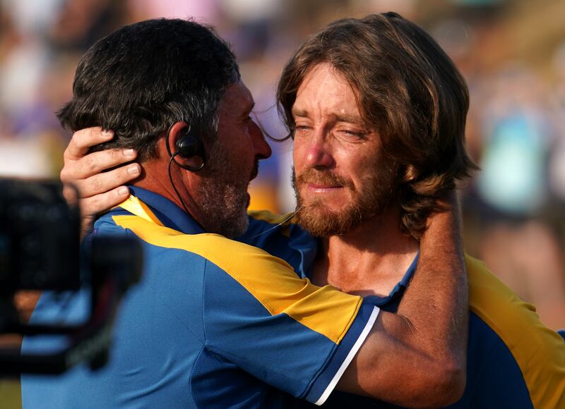 Team Europe's José María Olazábal and Tommy Fleetwood celebrate after Europe regained the Ryder Cup following victory over the USA. Photograph: David Davies/PA Wire
