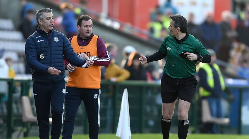 Galway manager Pádraic Joyce and selector John Concannon on the sideline during the league game against Monaghan in Salthill. Photograph: Tommy Grealy/Inpho