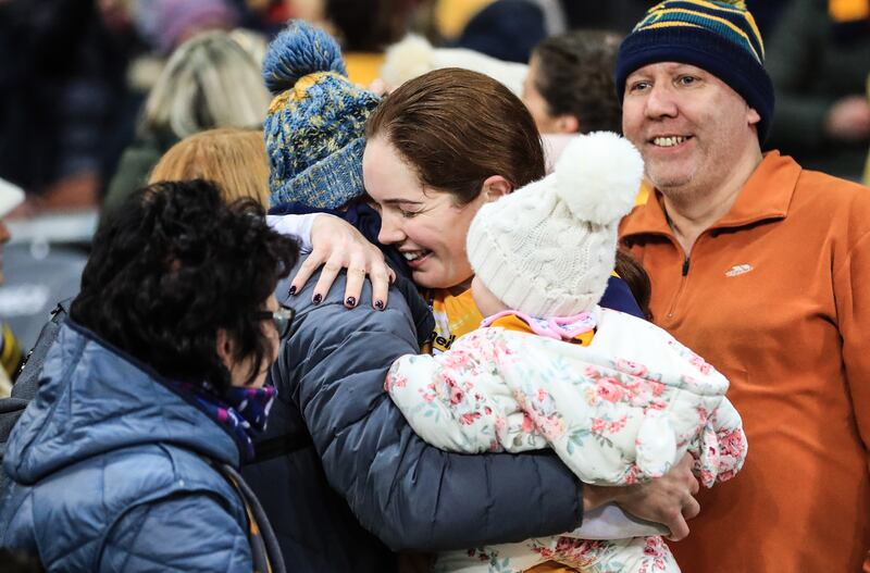Clonduff's Sara Louise Graffin celebrates with her daughter Cara and family. Photograph: Evan Treacy/Inpho 