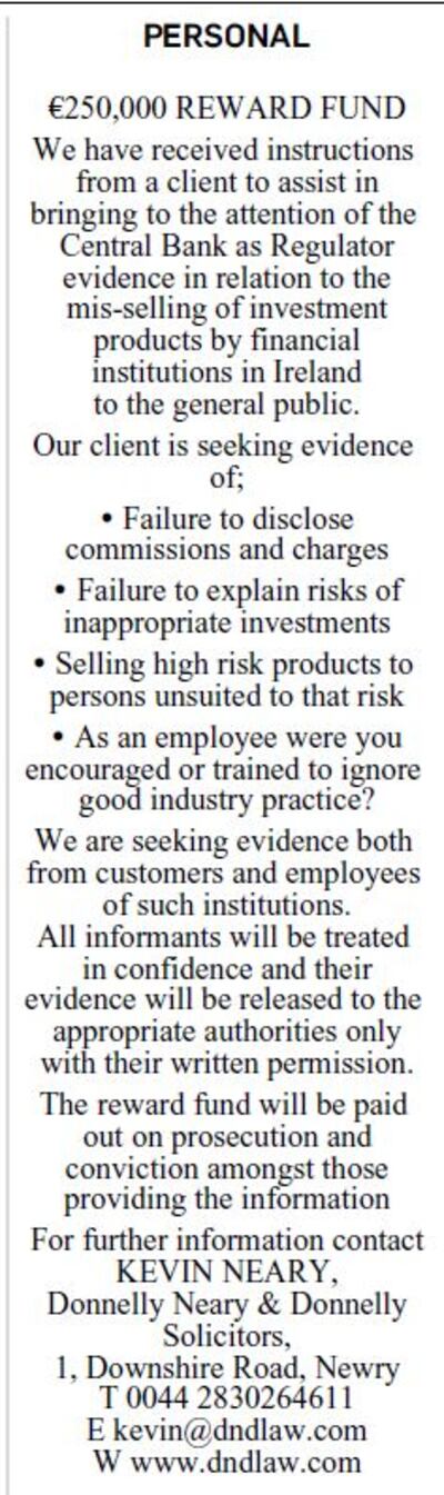 The advertisement taken out by Kevin Neary in 'The Irish Times'