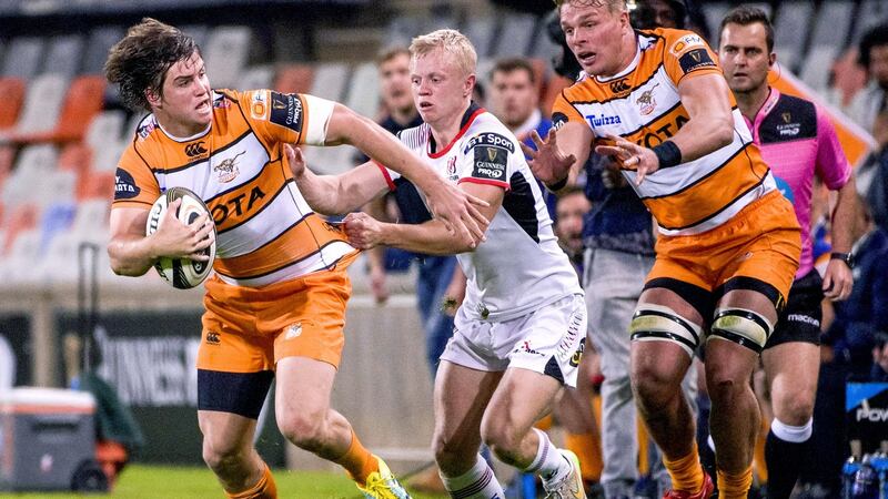 Ulster’s David Shanahan tackles Benhard Janse van Rensburg of the Cheetahs during a dramatic draw in Bloemfonteni. Photograph: Frikkie Kapp/Inpho