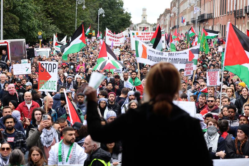 Zoe Lawlor of the Ireland-Palestine Solidarity Campaign addresses a demonstration in support of Palestine in Dublin in October 2023. Photograph: Dara Mac Dónaill