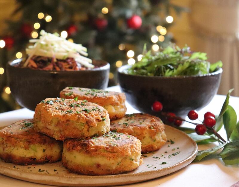 Bubble and squeak with pickled red cabbage, mustard and apple salad