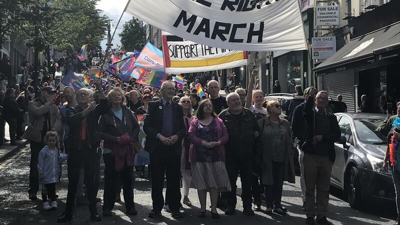 Civil rights veterans led the Pride parade in Derry on Saturday. Photograph: Freya McClements