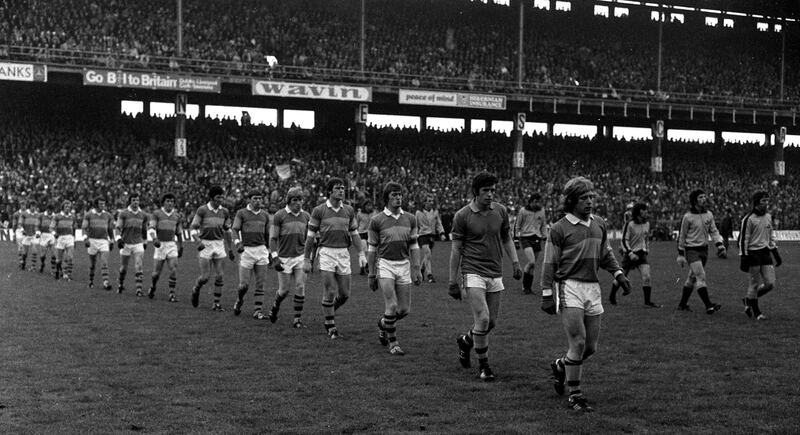 The Kerry and Dublin teams parade in Croke Park before the 1975 All-Ireland final. Photograph: Connolly Collection/Sportsfile