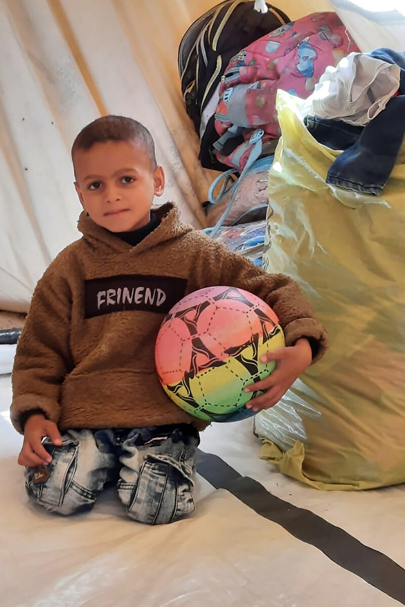 A photograph provided via Hanaa al-Najjar shows her seven-year-old son, Mohammed al-Najjar, in the family’s tent in Rafah.