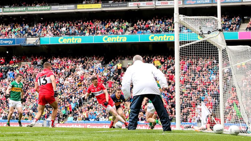 Derry's Gareth McKinless scores a goal against Kerry in the All-Ireland semi-final. We saw him rampaging forward when he got the opportunity. Photograph: Ben Brady/Inpho 