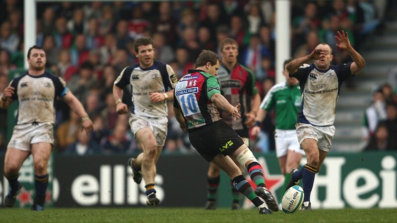 Harlequins’ Nick Evans attempts  a last-minute drop goal against Leinster in the 2009 Heineken Cup quarter-final. Photograph: Billy Stickland/Inpho