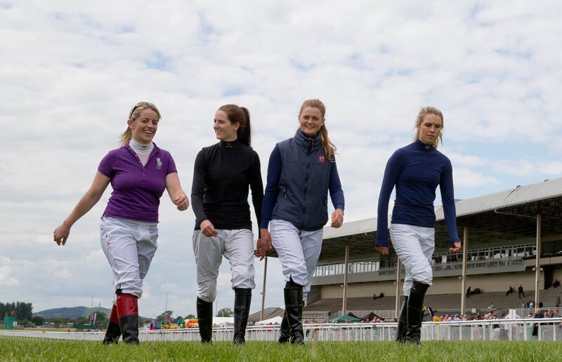 Jockeys Evanna McCutcheon, Rachael Blackmore, Katie O'Farrell and Aine O'Connor walk the course before the Kildare Ladies' Derby Handicap in 2014. Photograph: Morgan Treacy/Inpho