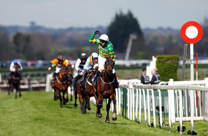 Sire Du Berlais ridden by jockey Mark Walsh wins the JRL Group Liverpool Hurdle on day three of the Randox Grand National Festival at Aintree Racecourse. Photograph: David Davies/The Jockey Club/PA Wire