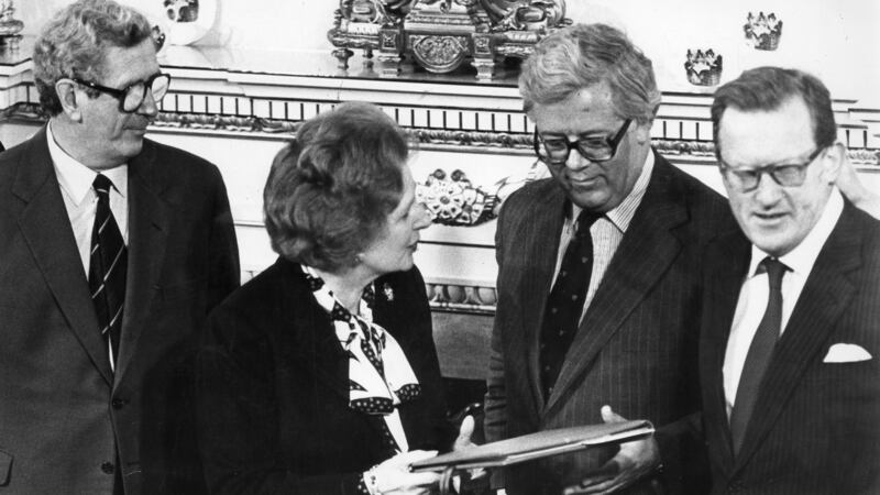 Garret FitzGerald, Margaret Thatcher, Sir Geoffrey Howe and  Tom King meeting about the Anglo-Irish Agreement in 1985. Photograph: Matt Kavanagh