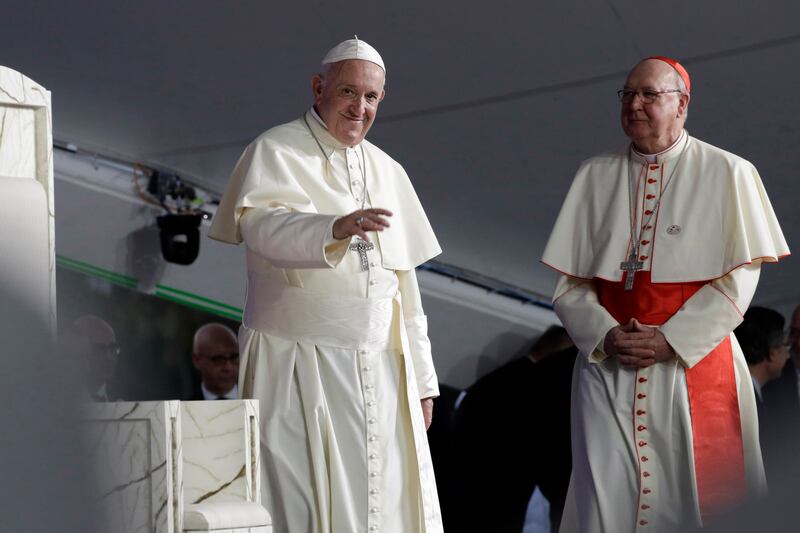 Cardinal Farrell (right) with Pope Francis in Panama City in 2019. Photograph: Alessandra Tarantino/AP