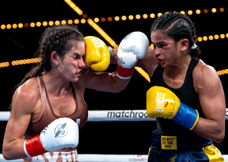 Ramla Ali exchanges punches Avril Mathie during their women's junior featherweight fight at The Hulu Theater at Madison Square Garden. Photograph: Al Bello/Getty Images