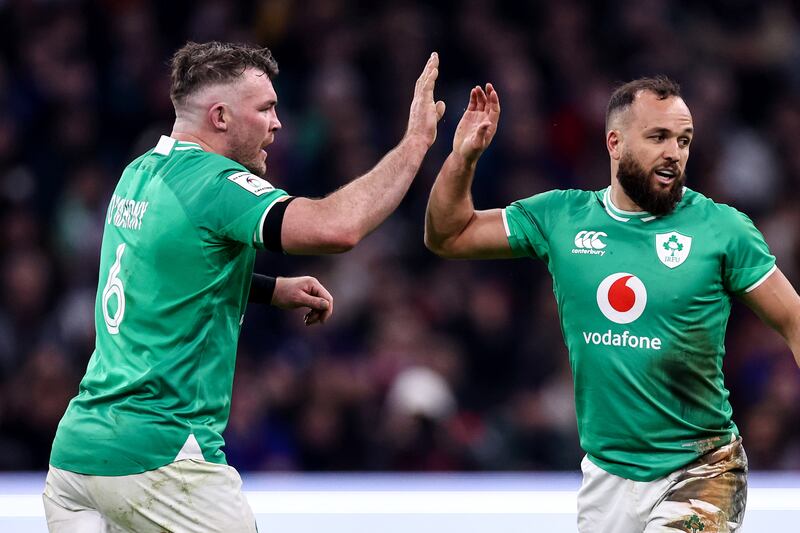 Ireland’s Peter O’Mahony and Jamison Gibson-Park during their opening Six Nations match against France in Marseille: Ireland scored more points per attacking 22 entry than any other team last weekend (4.2). Photograph: ©INPHO/Ben Brady