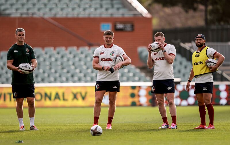 Jonathan Sexton, Owen Farrell, Finn Russell and Jamison Gibson-Park during the Lions captain's run ahead of the game against the AUNZ XV at the Adelaide Oval. Photograph: Dan Sheridan/Inpho