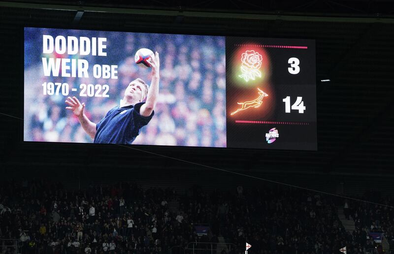 A message on the screen in memory of former Scotland player Doddie Weir, who has died at the age of 52, at half-time during the Autumn International match between England and South Africa at Twickenham Stadium, London. Photograph: Andrew Matthews/PA