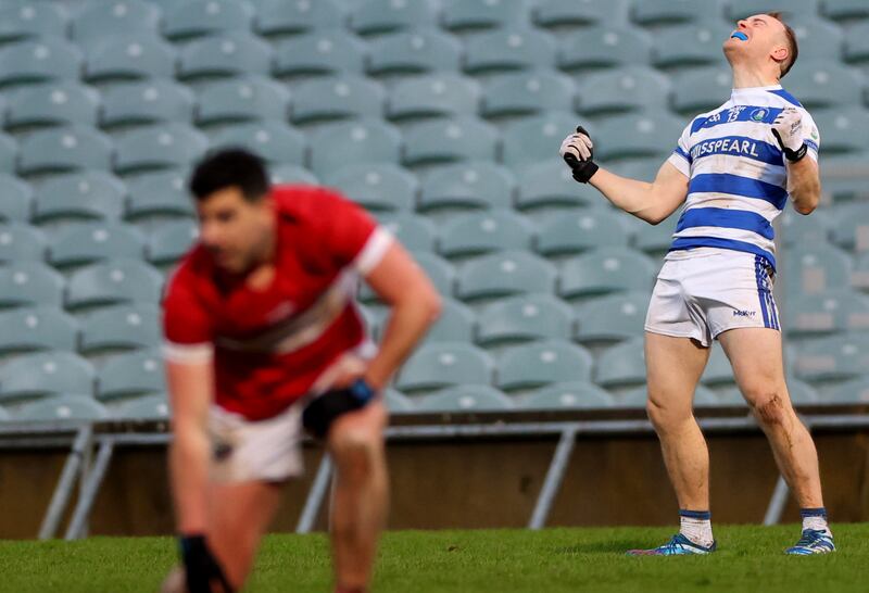 Castlehaven’s Cathal Maguire celebrates scoring a late point to send the game to penalties. Photograph: James Crombie/Inpho