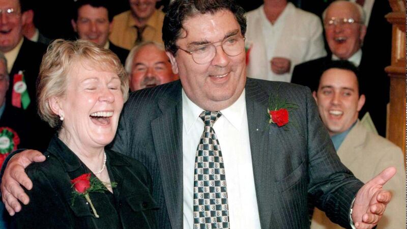 SDLP leader John Hume celebrates with his wife Pat after winning a seat in Foyle, at the Guildhall, Derry. File photograph: Brian Little/PA