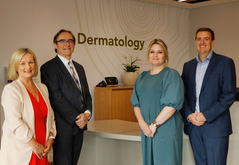 At the launch of the new dermatology service at the Vhi 360 Health Centre in Carrickmines were (from left): Michele Tait, chief operating officer, Vhi Health and Wellbeing; Dr Rupert Barry, consultant dermatologist and clinical lead for dermatology, Vhi 360 Health Centre Carrickmines; Edina O’Driscoll, head of operations, Vhi 360 Health Centre Carrickmines; and Eoin O’Reilly, chief executive, AllView Healthcare. Photograph: Leon Farrell / Photocall Ireland