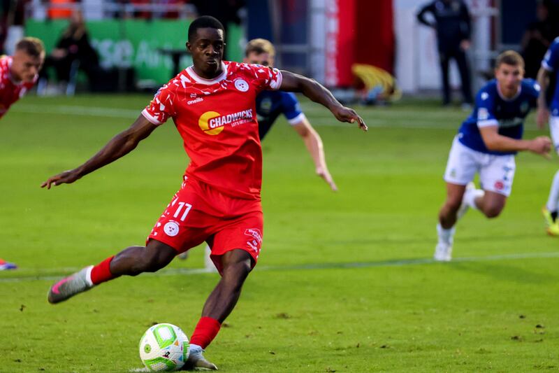 Mipo Odubeko misses a penalty for Shelbourne. Photograph: Ryan Byrne/Inpho