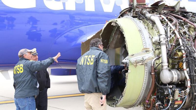 Southwest Airlines: investigators examine the engine that exploded during Jennifer Riordan’s flight this week. Photograph: National Transportation Safety Board via AFP/Getty