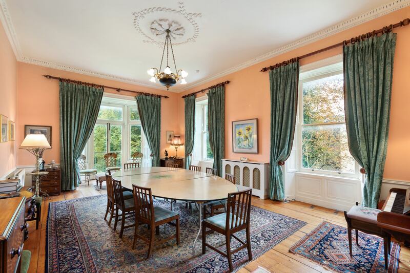 The layout and look of the dining room typify the vaguely feminine curves which characterise Clonskeagh Castle