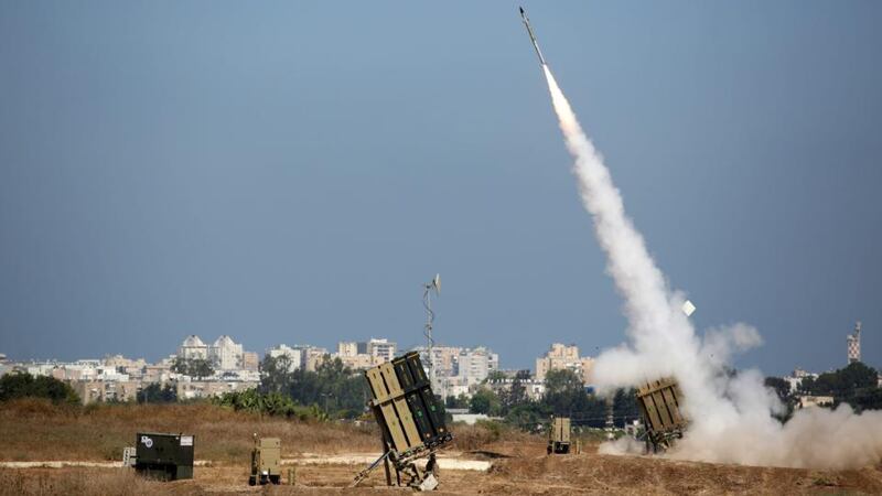 An Israeli Iron Dome defense system missile is fired to intercept a rocket fired from Gaza over the city of Ashdod in  southern Israel today. Photograph: Abir Sultan/EPA.