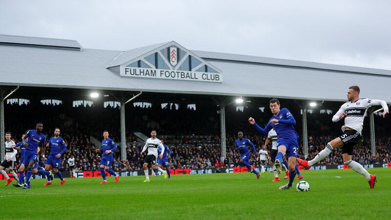 Andreas Christensen challenges Fulham’s Calum Chambers during Chelsea’s narrow win at Craven Cottage. Photograph: Eddie Keogh/Reuters