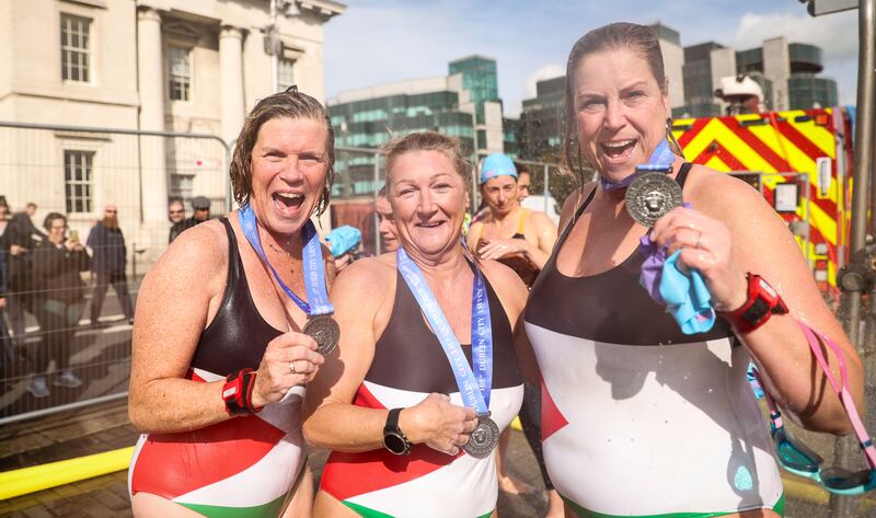 Mary Bolgerhinds, Debbie Gould and Siobhan O’Brien with their medals after the race. Photograph: Nick Elliott / Inpho