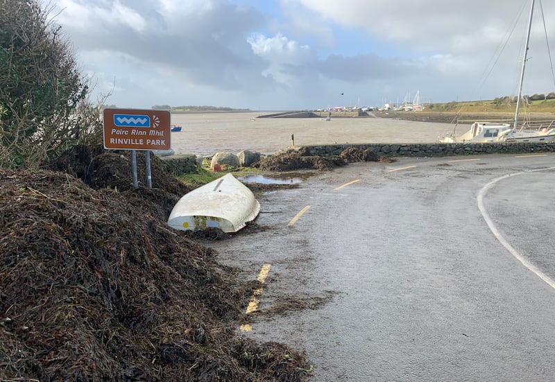 A stranded boat on the roadside in Oranmore. Photograph: Ed Carty/PA Wire