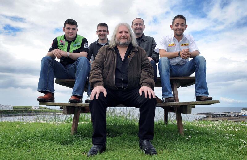 The Dunlop racing family in 2011.
Out front is Jim, the only surviving member of the Armoy Armada and the brother of Joey and Robert. Behind are his nephews Michael and William Dunlop with Paul Robinson and his own son, Sam. Photograph: Stephen Davison
